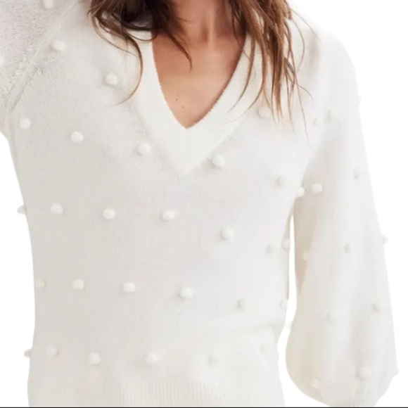 Madewell Dashwood Ivory Bobble V Neck Puff Sleeve Wool Blend Sweater - Picture 6 of 13